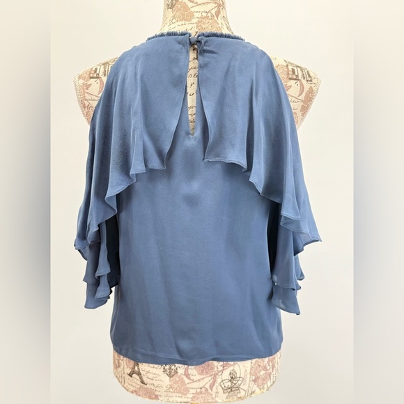ALICE & OLIVIA Blue Idalla Silk Ruffled cold shoulder Blouse size M - Picture 6 of 15